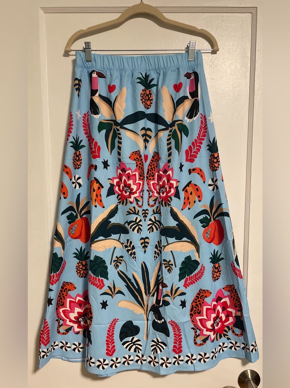 Boho Floral Embroidered Midi Skirt in Light Blue